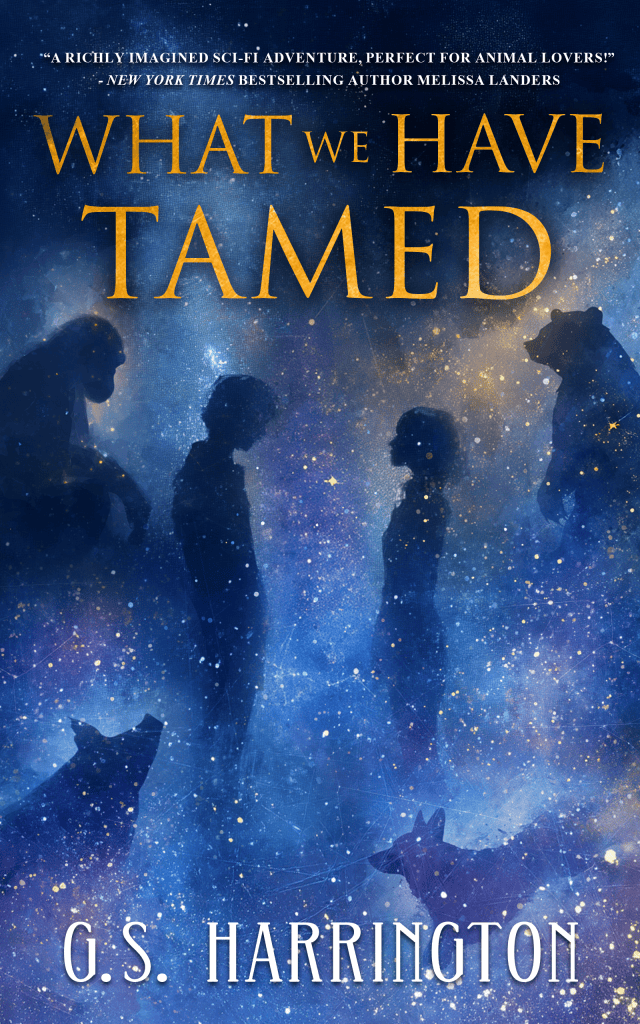 Book cover for What We Have Tamed depicts a girl, a boy, and four animals as constellations against the night sky